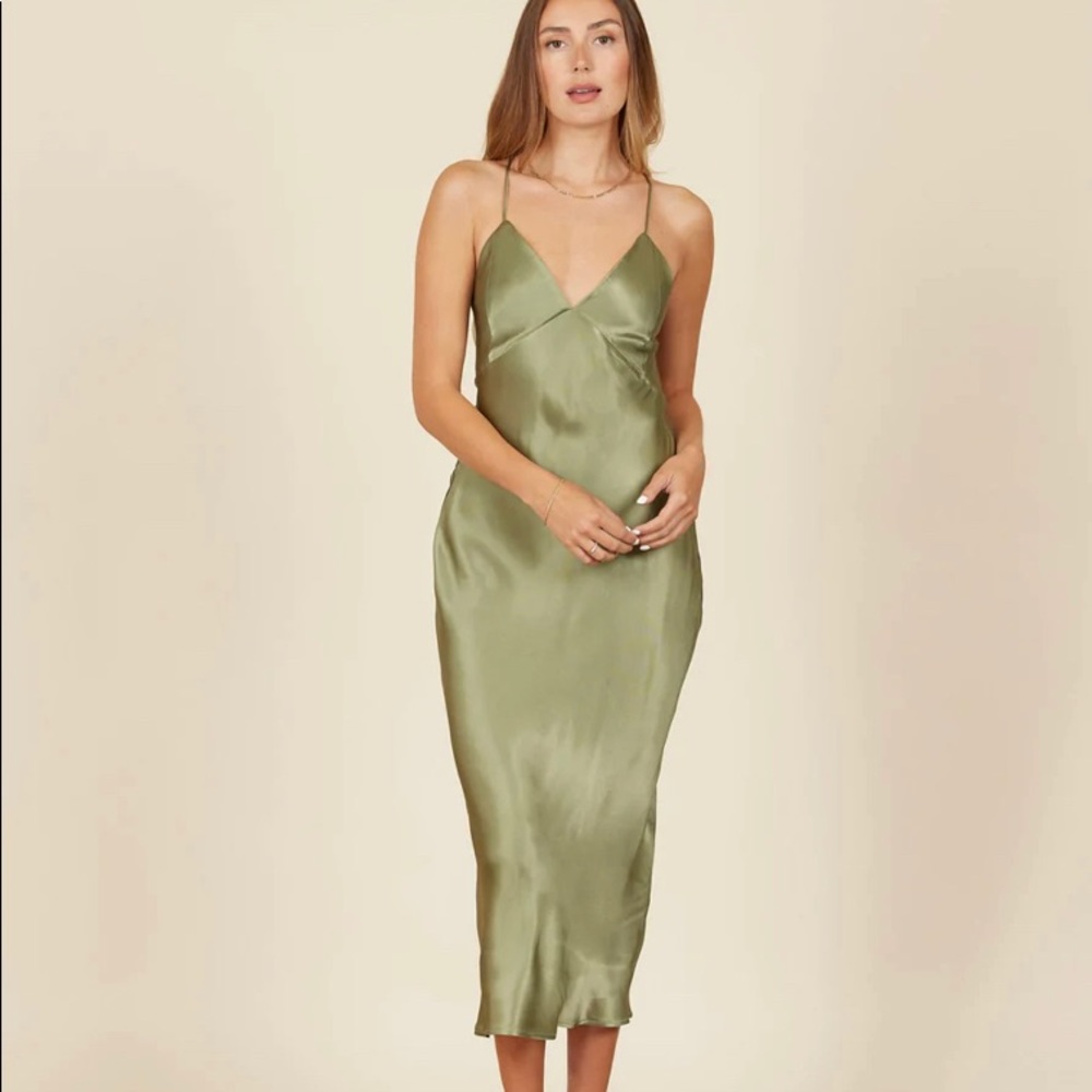Park & Fifth Olive Satin Davenport Dress - Green Midi Bridesmaid Dress Worn Once